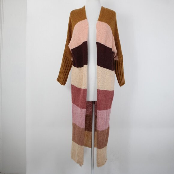 Petal Pup Sz S Camel Burgundy Striped Multicolor Acrylic Wool Knit Wrap Sweater - Picture 2 of 14